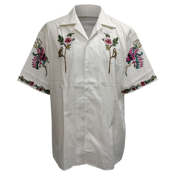 Gucci Floral-Embroidered Button-Down Shirt in White Cotton